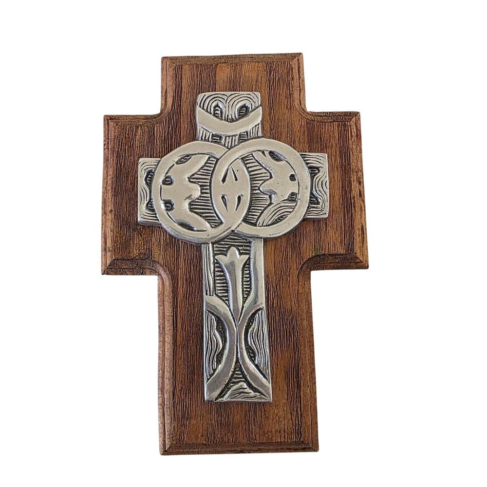 Vintage Celtic Wall Cross Wood and Cast Metal Religious Decor Christian Home